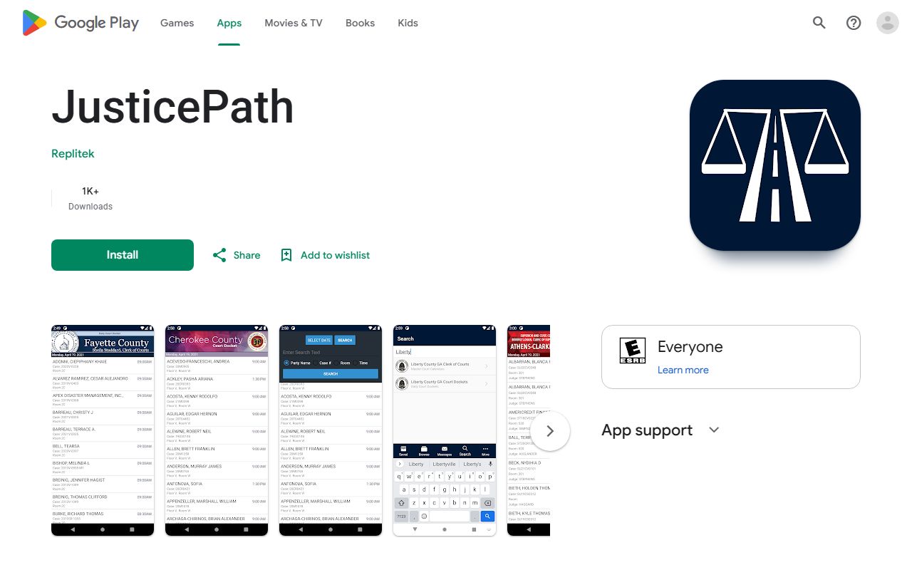 JusticePath mobile app listing for Polk County Superior Court motion calendars