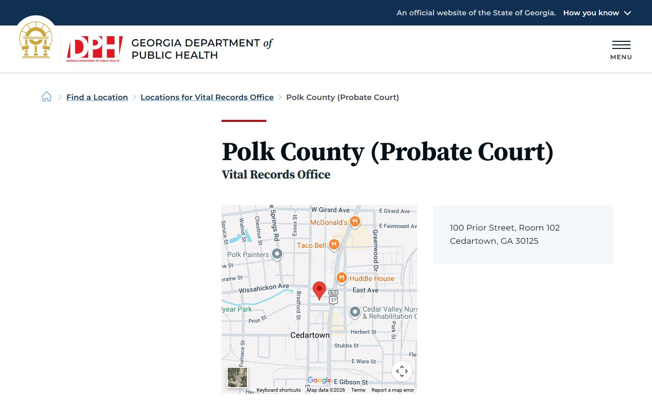 Georgia Department of Public Health Polk County Probate Court vital records location