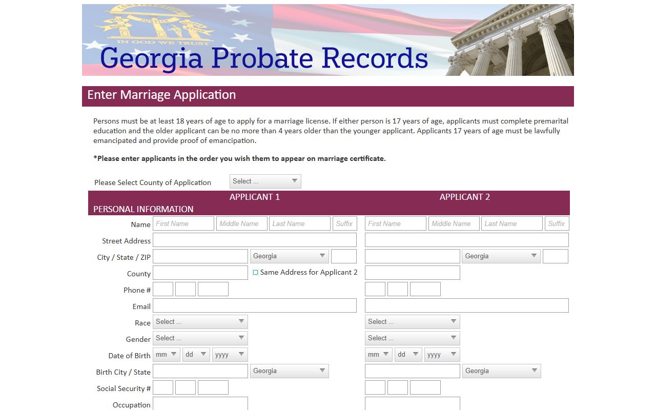 Georgia Probate Records marriage application page for Polk County marriage license users
