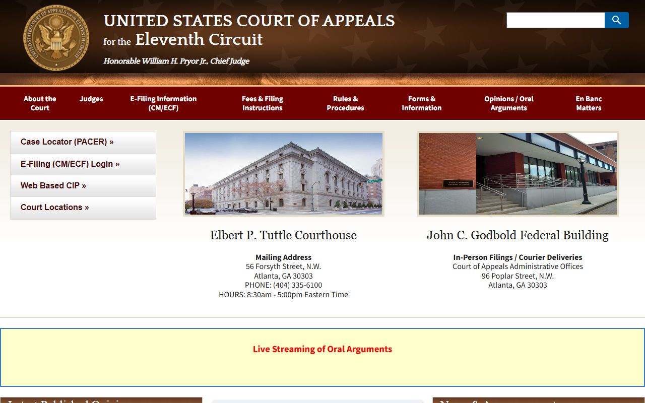 Eleventh Circuit Court of Appeals homepage for federal appellate records