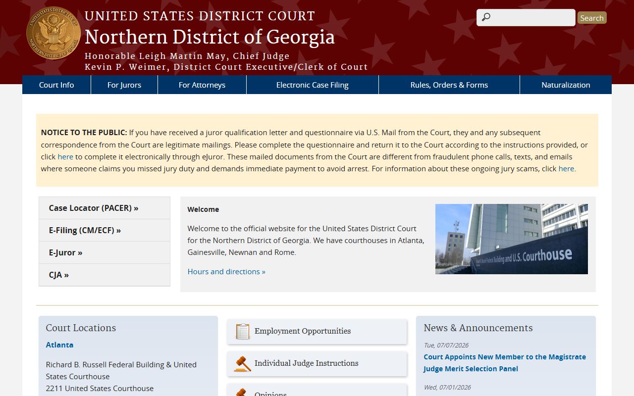 U.S. District Court for the Northern District of Georgia homepage for federal court access